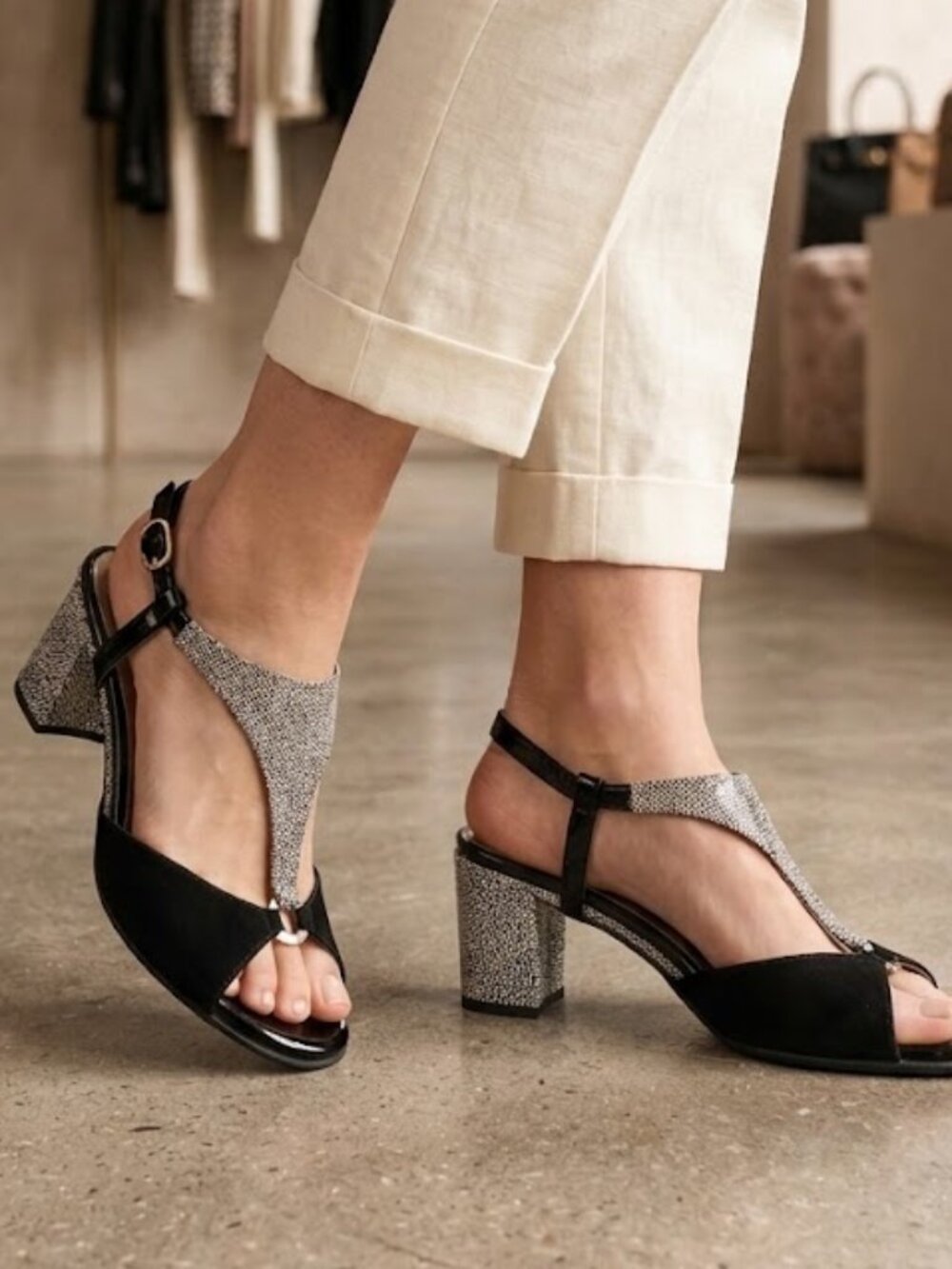 BeautiFeel Black and Silver T-Strap Peep-Toe Heels Size 10